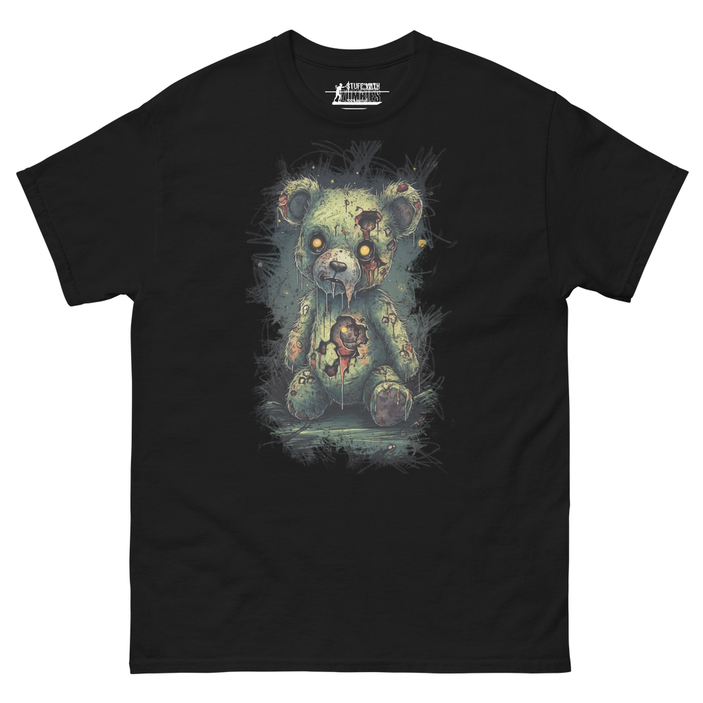Black t-shirt with a zombie bear graphic on a white background