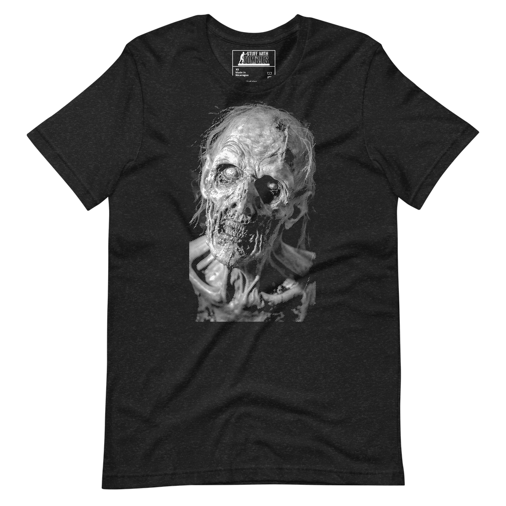 A black graphic t-shirt featuring a detailed halftone zombie print.